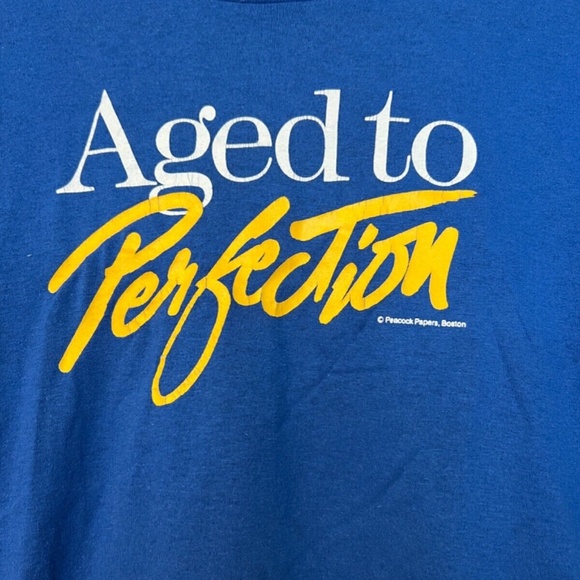 AGED TO PERFECTION Vintage T Shirt Hanes Beefy M Made USA Blue Peacock Papers - Picture 5 of 8